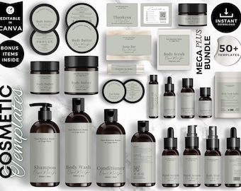 Könnte beinhalten: Eine Sammlung kosmetischer Vorlagen mit minimalistischem Design. Das Set enthält Tiegel mit Körperbutter, Shampoo, Duschgel, Conditioner, Lippenbalsam, ätherischen Ölen und mehr. Die Produkte haben eine neutrale Farbpalette mit schwarz-weißen Etiketten. Die Wörter "Editable in Canva" und "Bonus Items Inside" sind sichtbar.