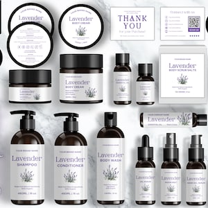 May include: A set of 10 cosmetic product labels featuring a lavender theme. The labels are in a variety of sizes and shapes, and they all feature a white background with black text and a lavender flower graphic. The labels are designed to be used on bottles, jars, and other cosmetic packaging. The labels include the following products: body cream, body wash, shampoo, conditioner, essential oil, body scrub salts, hand gel serum, room mist, and oil serum.