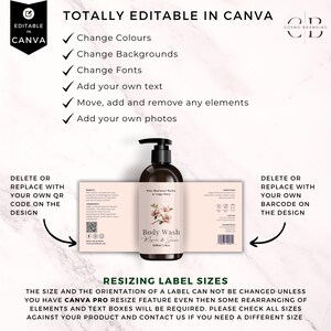 May include: A mockup of a body wash bottle with a label design. The label features a floral illustration and the words "Body Wash." The image also includes text indicating the design is editable in Canva, with options to change colors, backgrounds, and fonts.