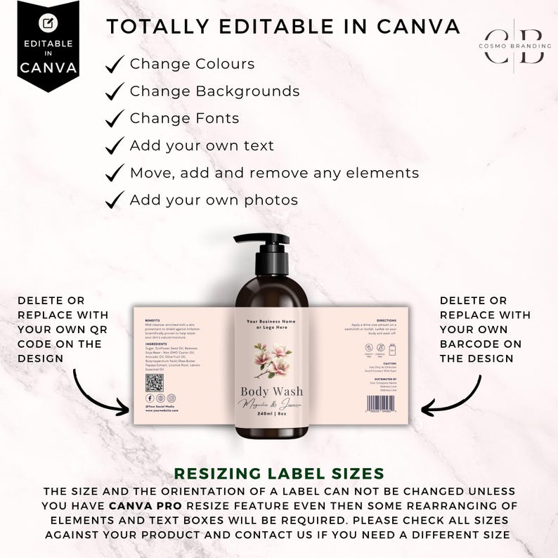 May include: A mockup of a body wash bottle with a label design. The label features a floral illustration and the words "Body Wash." The image also includes text indicating the design is editable in Canva, with options to change colors, backgrounds, and fonts.