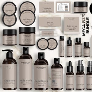 May include: A selection of cosmetic templates, including body butter, soap, lip balm, shampoo, and oil serum, presented in a neutral colour scheme. The products are labelled with text and have a minimalist design. The image also features the text "EDITABLE IN CANVA" and "INSTANT DOWNLOAD".
