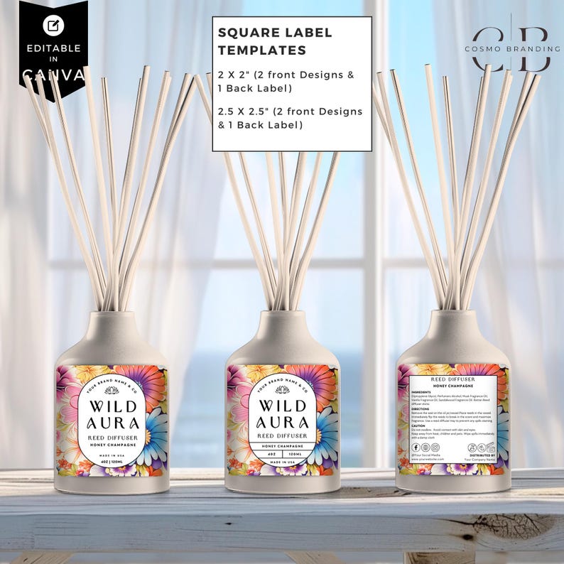 Reed Diffuser Rectangular Label Vibrant Floral Reed Diffuser Label Template Bundle, Canva Editable Home ...