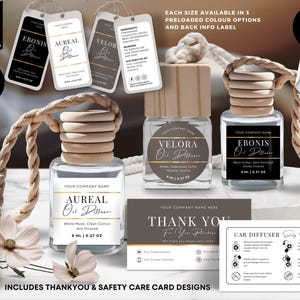 Könnte beinhalten: Car Diffusor Bundle Vorlagen mit verschiedenen Designs. Das Bild zeigt Auto-Diffusoren mit Holzaufsätzen, Etiketten und Anhängern. Die Etiketten zeigen Texte wie "AUREAL" und "EBONIS". Das Bundle enthält Dankes- und Sicherheitskarten.