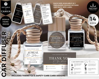 Editable Car Diffuser Label Templates, Canva Hanging Fragrance Design, Air Freshener Bottle Label, Essential Oil Diffuser Care Card, CBK6