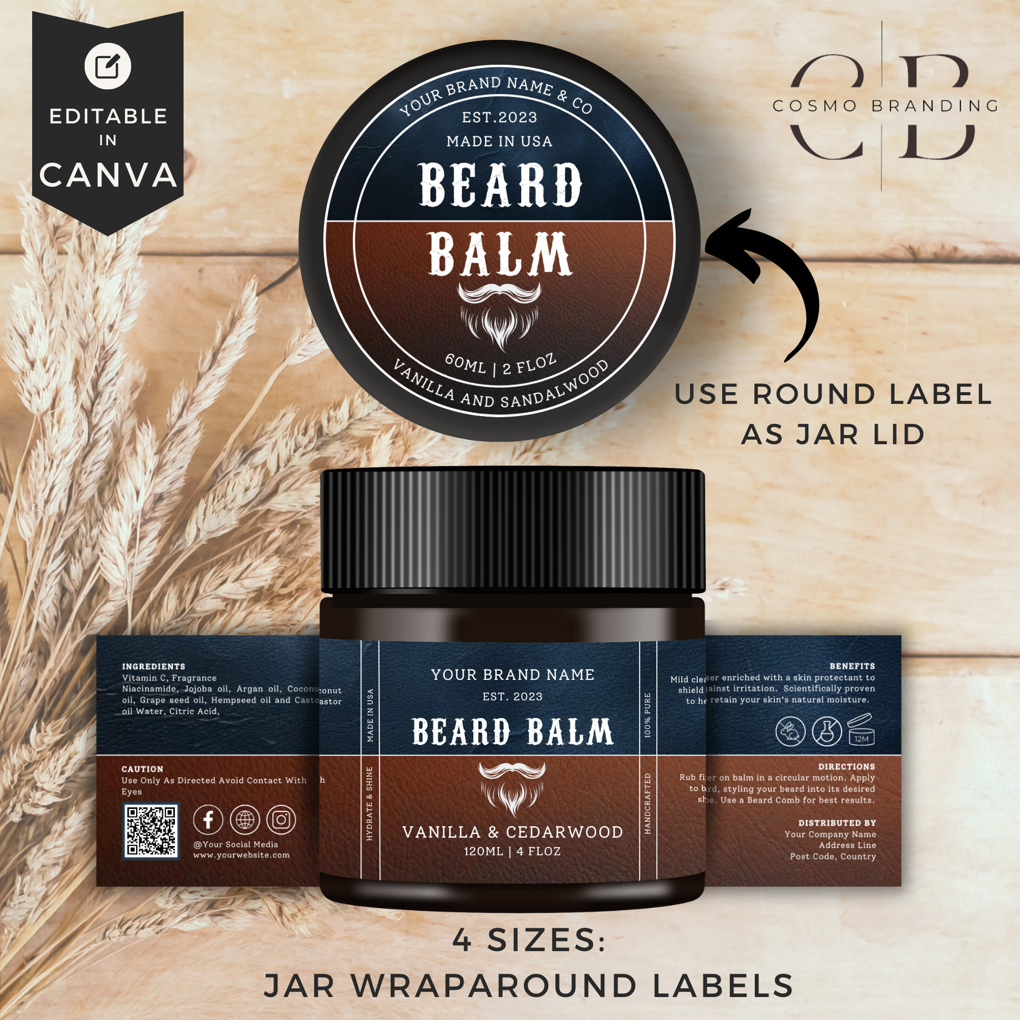 Jar Label Template, Vintage, Men Care Designs, Editable Beard Product ...