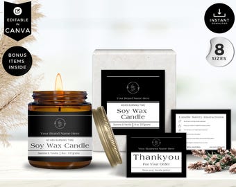 Puede incluir: Una vela de cera de soja encendida en un frasco de vidrio marrón con tapa dorada, etiquetada como "Soy Wax Candle" con aroma a "Jasmine & Vanilla". Incluye una caja, una tarjeta de agradecimiento e instrucciones de seguridad. La vela dura 40 horas y pesa 237 gramos.