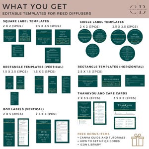 May include: An image showcasing various editable templates for reed diffusers. The templates include square, circle, rectangle, and box labels, along with thank you and care cards. The templates are in shades of teal and gold, with sizes ranging from 1.5 x 2.5 inches to 2.5 x 5 inches.