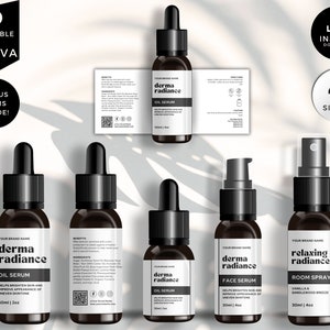 May include: Four bottles of skincare products with black and white labels. The labels include the brand name "derma radiance" and product names such as "oil serum" and "face serum". The bottles are on a white background with shadows.