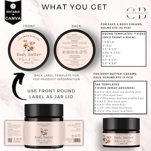 May include: A mockup of a body butter product with a black lid and a label featuring a magnolia flower design. The label reads "Body Butter Magnolia & Jasmine 120ml | 4 oz". The image also shows label templates and size options.