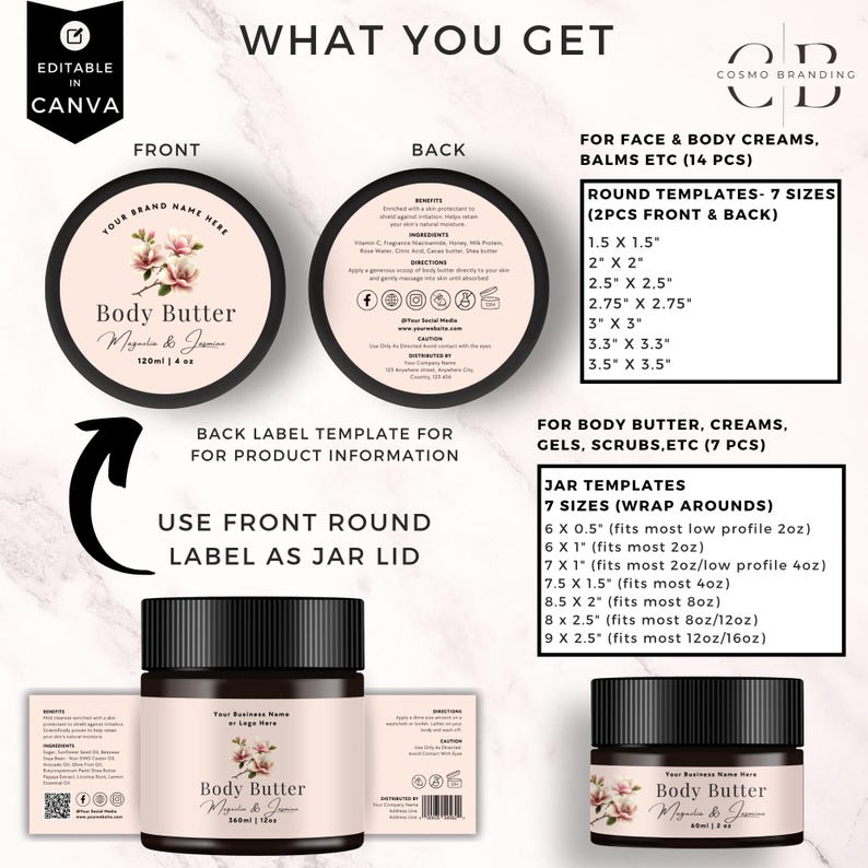 May include: A mockup of a body butter product with a black lid and a label featuring a magnolia flower design. The label reads "Body Butter Magnolia & Jasmine 120ml | 4 oz". The image also shows label templates and size options.
