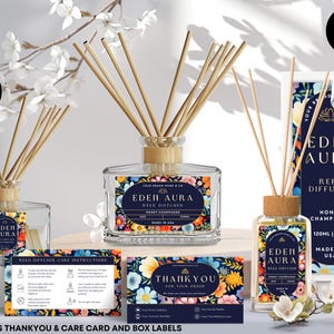 Editable Reed Diffuser Template, DIY Canva Product Labels, Room Fragrance Sticker, Oil Diffuser Care Card, Box Packaging Design, Blue, CBN6