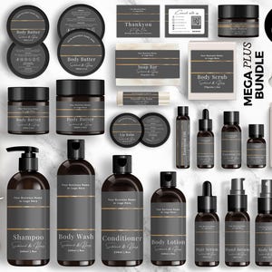May include: A selection of cosmetic product templates in dark grey and gold, including body butter, soap, shampoo, and essential oils. The products are arranged on a marble surface, with text labels and a design that includes the words "Cosmetic Templates".