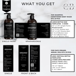 May include: A product mockup featuring black and white labels for organic body wash and face cream. The labels include the text "Organic Body Wash" and "Organic Face & Body Cream" with "Jasmine & Rose" branding. The image also shows template sizes.