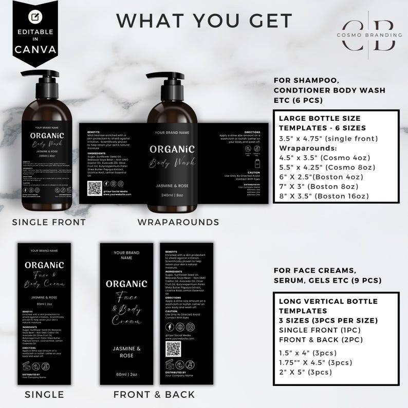 May include: A product mockup featuring black and white labels for organic body wash and face cream. The labels include the text "Organic Body Wash" and "Organic Face & Body Cream" with "Jasmine & Rose" branding. The image also shows template sizes.
