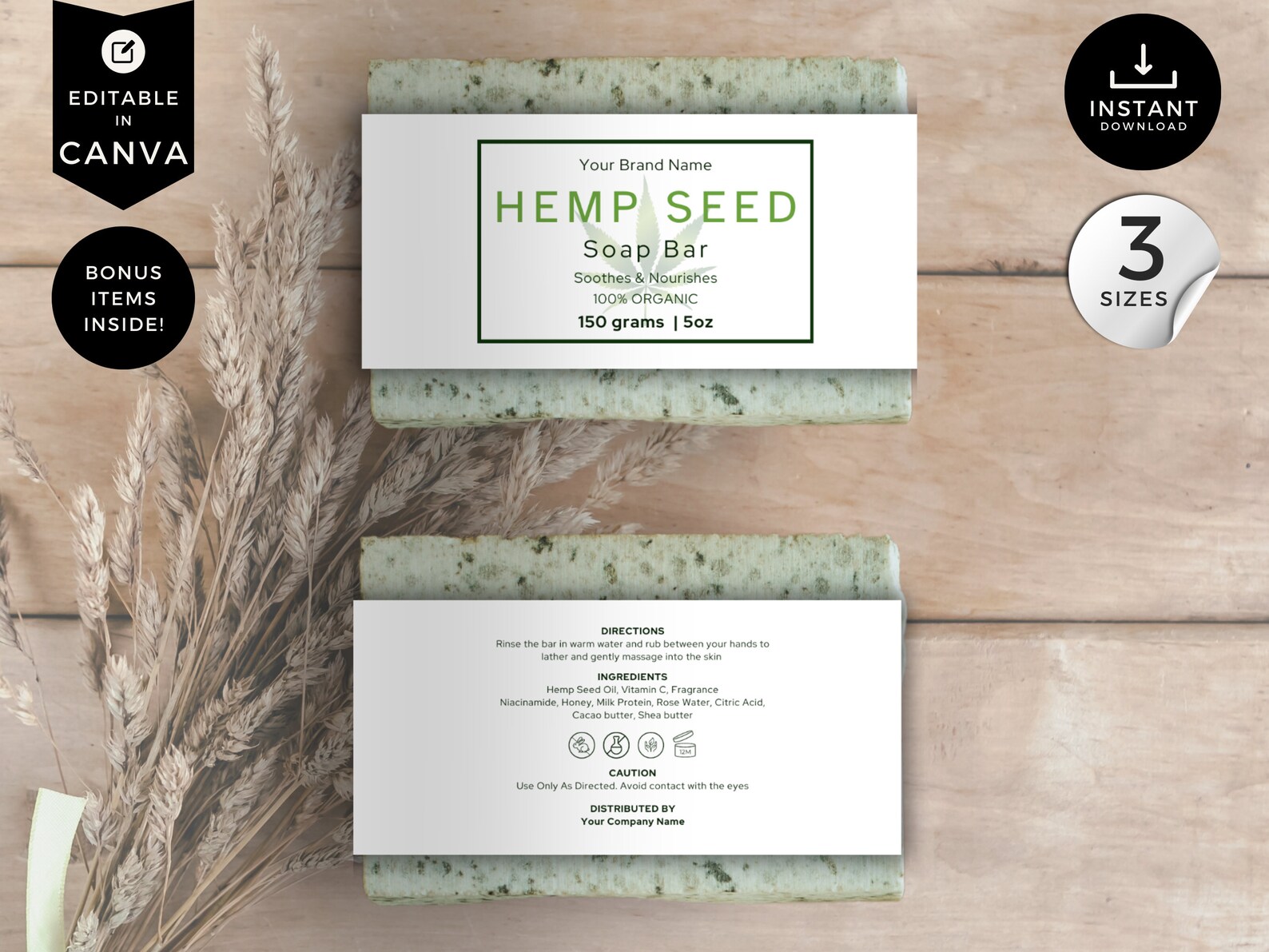 Hemp Paper Label Organic Hemp Soap Label Template Set, Canva Editable Soap Packaging ...