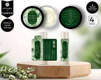 May include: An image showcasing lip balm products. The products include a jar and lip balm tubes, all labeled with "Pure Aura Lip Balm" and botanical designs. The packaging is predominantly green and white, with additional text elements. The image also includes text that says "Editable in Canva" and "Bonus Items Inside!"