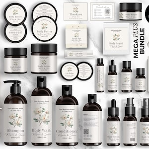 May include: A selection of cosmetic templates with a magnolia flower design. The set includes jars of body butter, shampoo, body wash, conditioner, lip balm, essential oil, and more. The text "EDITABLE IN CANVA" and "BONUS ITEMS INSIDE" are visible.