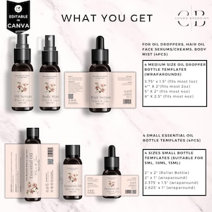 May include: A product mockup featuring various essential oil bottle templates. The image includes bottles labeled "Oil Serum," "Body Mist," "Hair Serum," and "Essential Oil." The labels feature a floral design and the text "What You Get" and "Editable in Canva."