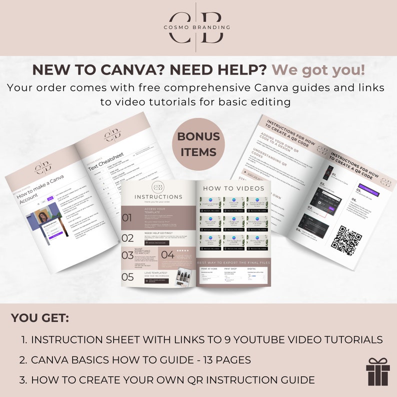May include: Promotional material for Canva, featuring guides and video tutorials. The image includes open booklets with titles like "How to make a Canva Account" and "Instructions." Text on the image reads "NEW TO CANVA? NEED HELP? We got you!"