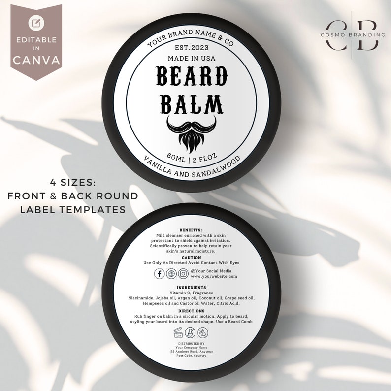 Jar Label Template, White, Men Care Designs, Editable Beard Product ...