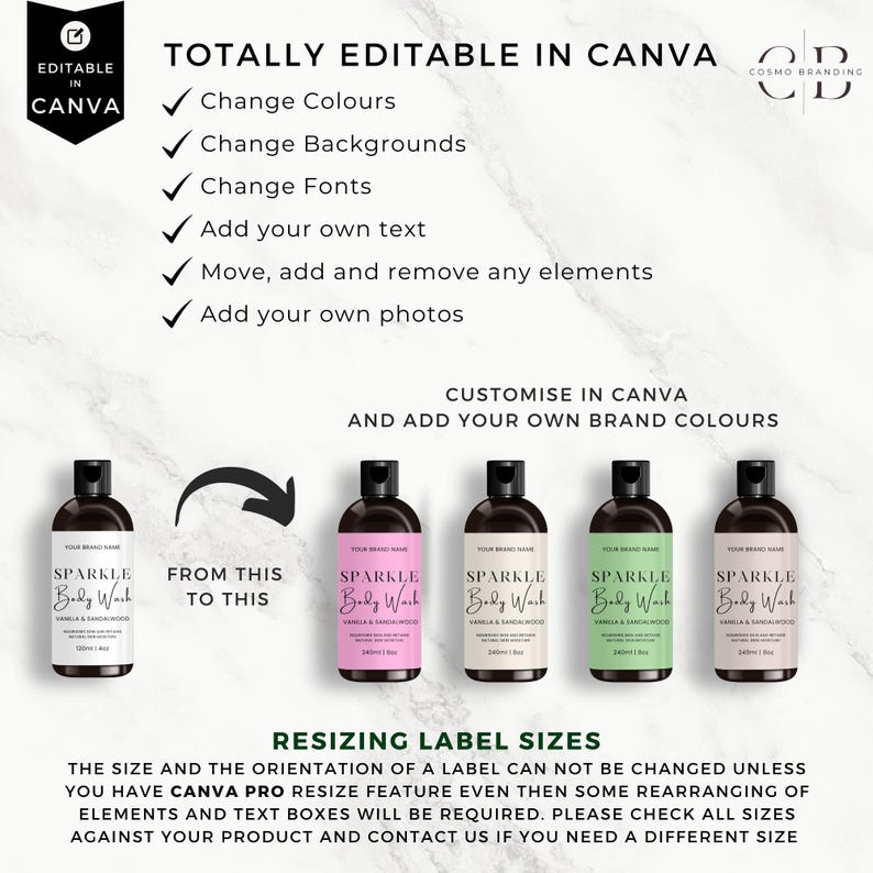 K&ouml;nnte beinhalten: Ein Bild, das eine Produktetiketten-Designvorlage zeigt, die in Canva bearbeitet werden kann. Das Design zeigt eine K&ouml;rperwaschmittelflasche mit schwarzem Deckel, erh&auml;ltlich in verschiedenen Farben. Der Text auf dem Etikett lautet "SPARKLE Body Wash". Das Bild enth&auml;lt auch den Text "Totally Editable in Canva".