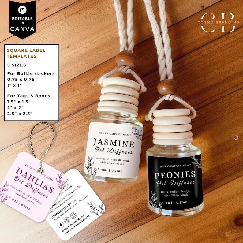 Diffuser Labelling Floral Car Diffuser Label Template Bundle, Canva Editable Car Fragrance ...