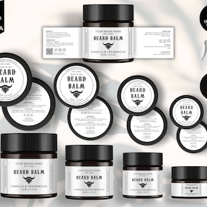 May include: An assortment of beard balm jars and labels. The jars are dark brown with black lids and white labels. The labels display "BEARD BALM" with a mustache graphic and "VANILLA & CEDARWOOD". The image also includes text that says "EDITABLE IN CANVA" and "INSTANT DOWNLOAD".