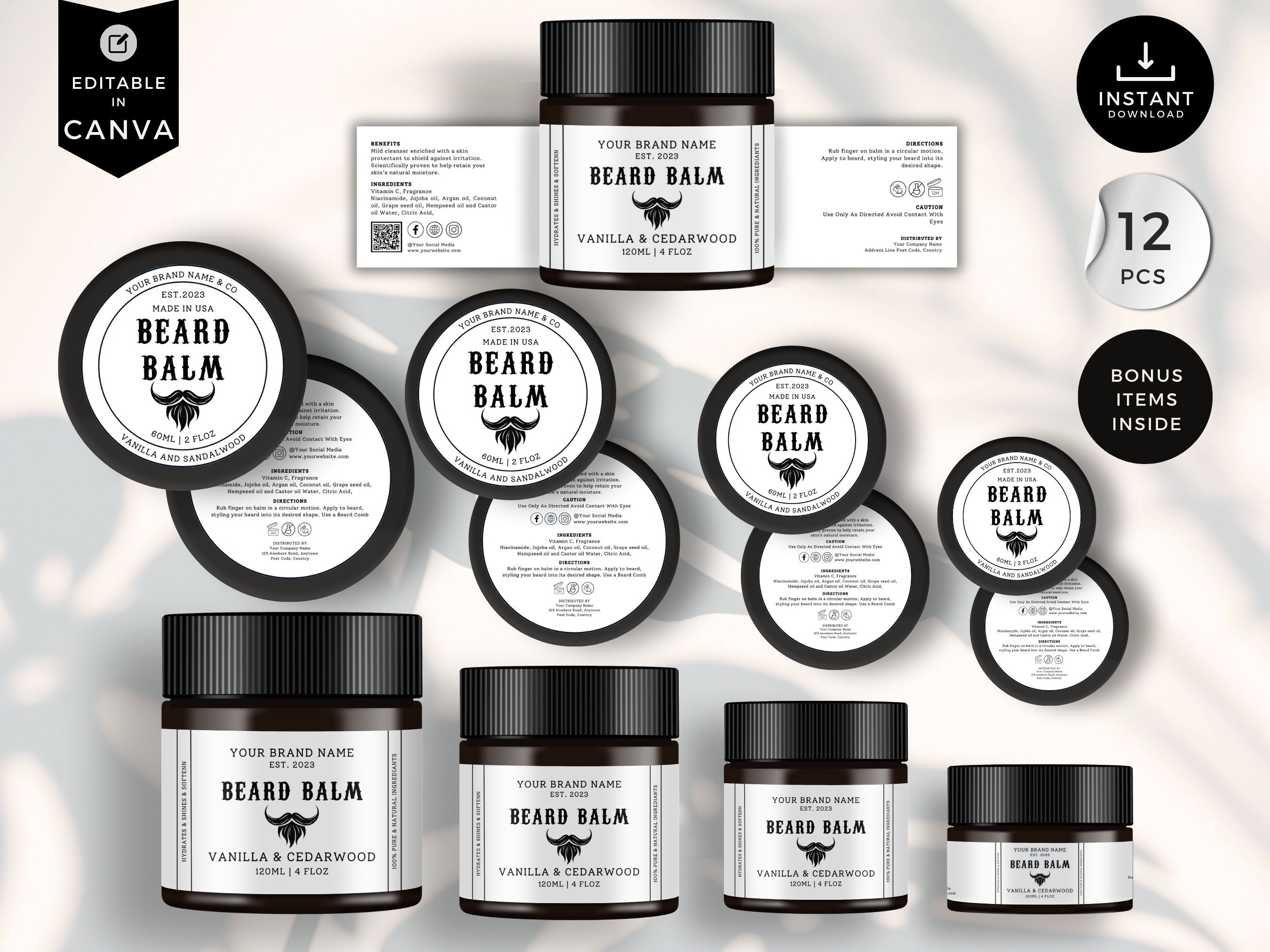 Jar Label Template, White, Men Care Designs, Editable Beard Product ...