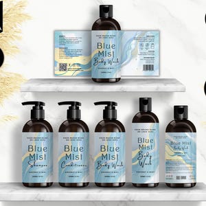 Shampoo Bottle Label Template, Canva Bottle Label Design, DIY Cosmetic Bottle Labels 4oz, 8oz, 16oz, Conditioner Label Template, Blue, CBT3