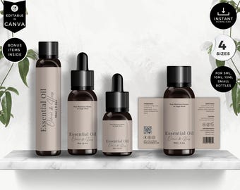Etiquetas editables para aceites esenciales, etiquetas para botellas roll-on (5 ml, 10 ml, 15 ml), plantillas para botellas pequeñas, etiquetas para productos cosméticos Canva (DIY), color gris topo, CS1