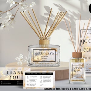 Editable Reed Diffuser Template, DIY Canva Product Labels, Room Fragrance Sticker, Oil Diffuser Care Card, Box Packaging Design, Gold, CBW4