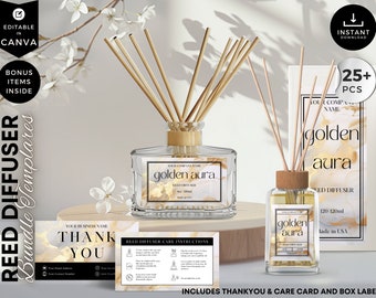 Editable Reed Diffuser Template, DIY Canva Product Labels, Room Fragrance Sticker, Oil Diffuser Care Card, Box Packaging Design, Gold, CBW4