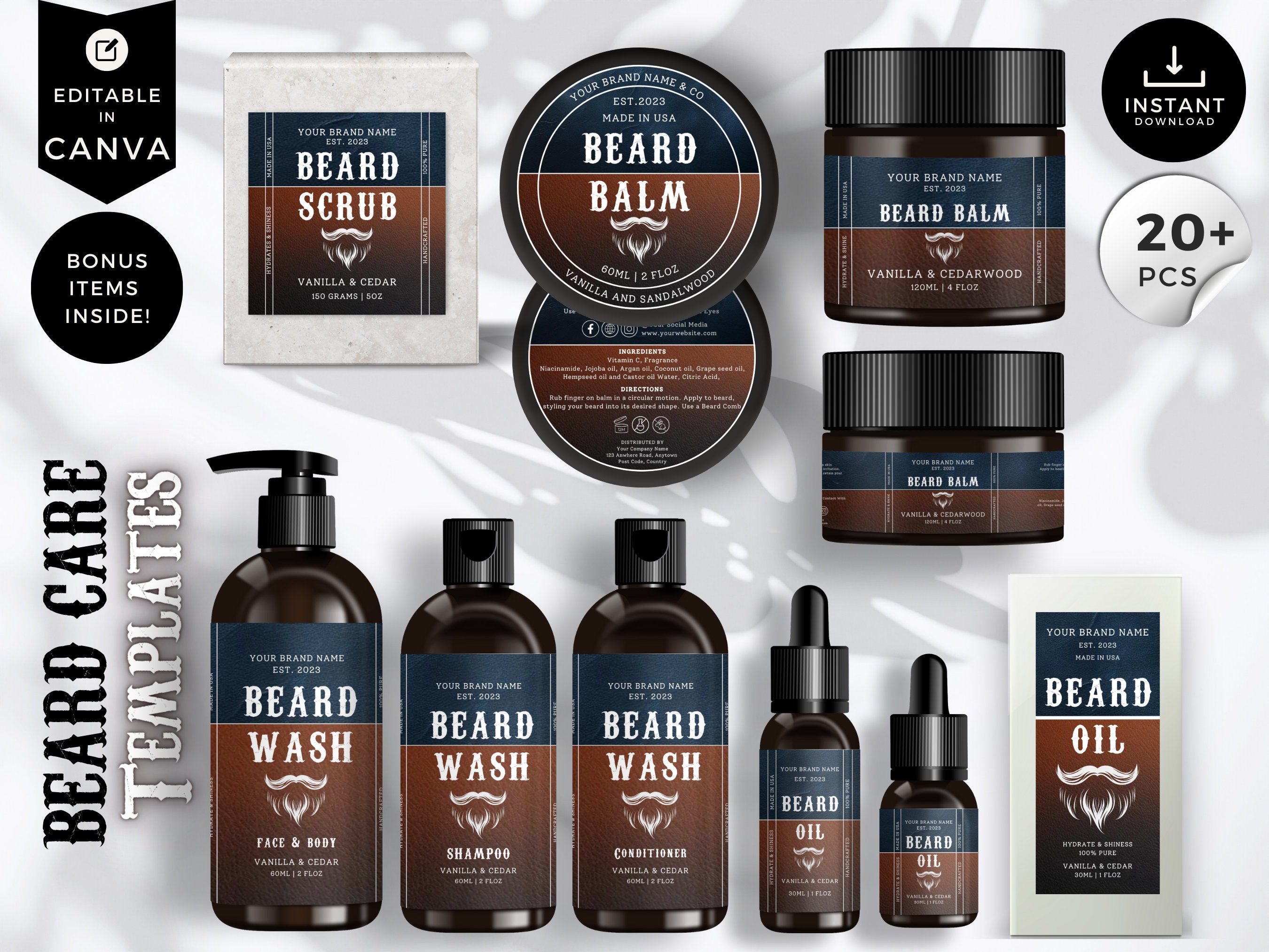 Masculine Beard Label Template Bundle Canva Editable Grooming Product ...