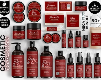 Könnte beinhalten: Ein Set mit über 50 Etikettenvorlagen für Kosmetikprodukte in Rot und Gold mit dem Text "Restore & Care" und "Your Brand Name". Die Vorlagen sind für verschiedene Produkte wie Shampoo, Duschgel, Körperbutter und Conditioner geeignet. Die Vorlagen sind in Canva bearbeitbar und beinhalten einen sofortigen Download.