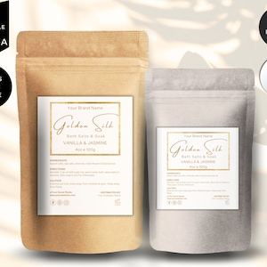Editable Pouch Label Template, Bath Salts Label,  Apothecary Pouch Label, Tea Coffee Pouch Label, Product Pouch Packaging Design, Gold, CBG3