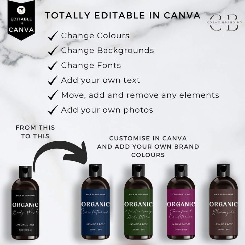 May include: A graphic showcasing customizable product labels. The labels are on dark bottles, featuring the text "ORGANIC" and product names like "Body Wash" and "Shampoo." The image includes text: "TOTALLY EDITABLE IN CANVA."