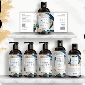 Shampoo Bottle Label Template, Canva Label Design, DIY Cosmetic Bottle Labels 4oz, 8oz, 16oz, Conditioner Label Templates, Blue, Gold, CBD4
