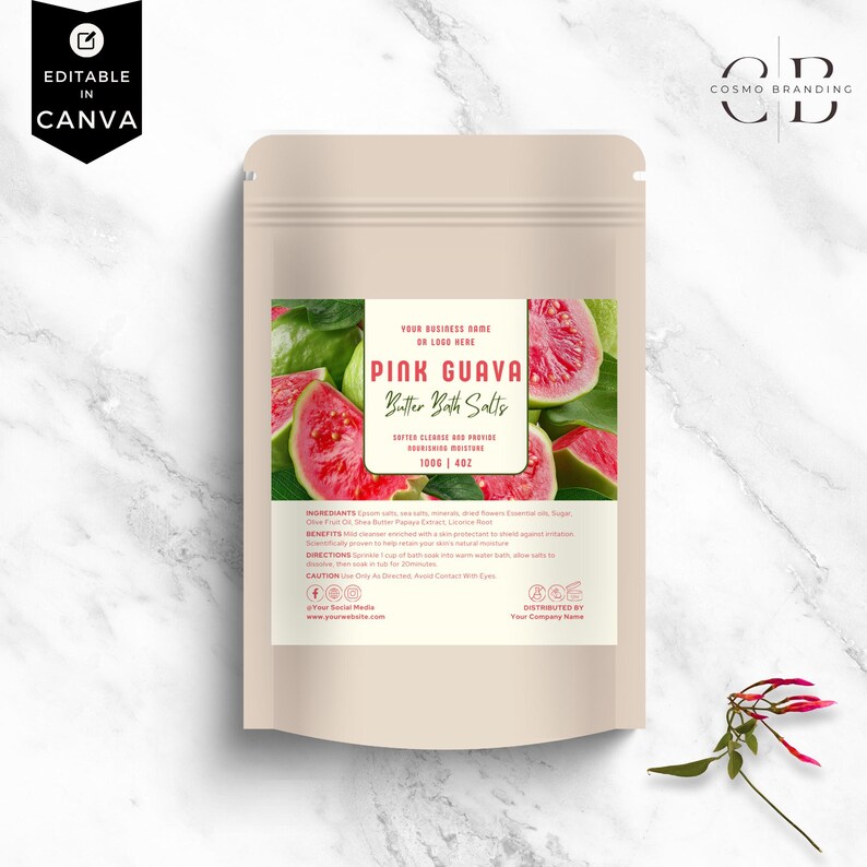 Pink Guava Pouch Label Template Set, Canva Editable Tea, Coffee & Bath ...
