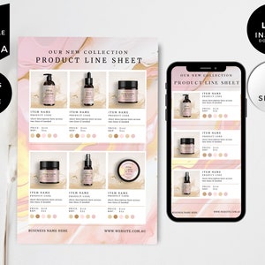 Könnte beinhalten: Produktlinienblatt-Vorlage mit einem rosa-goldenen Marmorhintergrund. Das Blatt zeigt Bilder verschiedener Hautpflegeprodukte, darunter eine Flasche Lotion, eine Flasche Serum, ein Cremetiegel und eine Sprühflasche. Das Blatt enthält auch den Produktnamen, den Produktcode, den Preis und eine Beschreibung jedes Produkts.