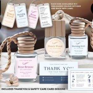 May include: A set of 14 customizable car diffuser templates in three preloaded color options. The templates feature a clear glass bottle with a wooden cap and a label that says "Peach Wood Oil Diffuser", "Morning Drift Oil Diffuser", and "Rose Breeze Oil Diffuser". The set also includes a thank you card and a car diffuser care instructions card.