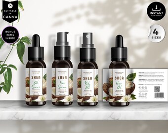 Organic Shea Oil Dropper Label Template Set, Canva Editable Serum & Mist Labels, CBS4