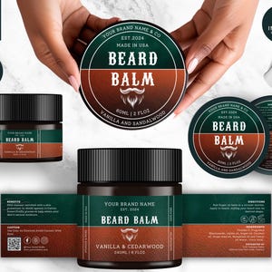 May include: A round jar with a black lid and a label that says "Beard Balm" in a vintage style font. The label is green and brown with a mustache icon. The jar is on a white marble surface. The text on the label reads "Your Brand Name & Co. Est. 2024 Made in USA Beard Balm Vanilla and Sandalwood 60ml | 2 fl oz".