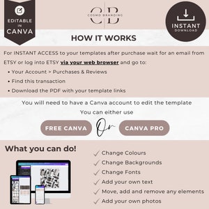 May include: A digital marketing template design with the text "EDITABLE IN CANVA" and "INSTANT DOWNLOAD". The design includes instructions on how to access and edit templates, with options for Free Canva or Canva Pro.