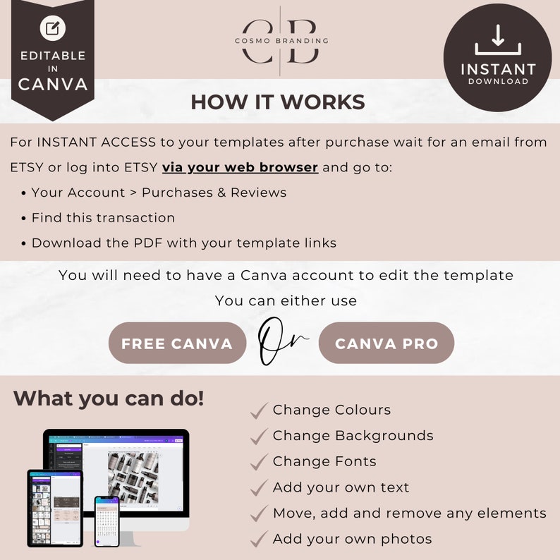 May include: A digital marketing template design with the text "EDITABLE IN CANVA" and "INSTANT DOWNLOAD". The design includes instructions on how to access and edit templates, with options for Free Canva or Canva Pro.