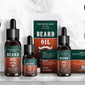 Editable Oil Dropper Bottle Label, DIY Essential Oil Template, Beard Hair Oil Design, 1oz, 2oz, 4oz, Men Beard Care Product Packaging, CBM5