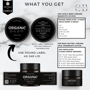 May include: A product mockup featuring a black jar of organic body butter with a vanilla and rose scent, along with label templates for various sizes. The image includes round templates and jar templates for face and body creams, balms, gels, and scrubs.
