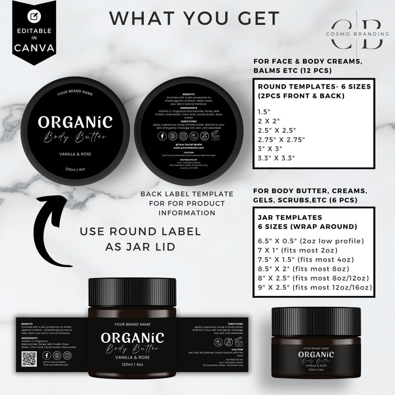 May include: A product mockup featuring a black jar of organic body butter with a vanilla and rose scent, along with label templates for various sizes. The image includes round templates and jar templates for face and body creams, balms, gels, and scrubs.