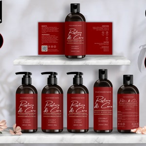 Shampoo Bottle Label Template, Canva Bottle Label Design, DIY Cosmetic Bottle Labels 4oz, 8oz, 16oz, Conditioner Label Template, Red, CBG8