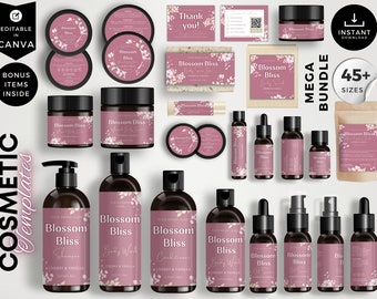 Puede incluir: Un conjunto de etiquetas para productos cosméticos con un diseño floral con el texto "Blossom Bliss" y el aroma "Cherry & Vanilla". Las etiquetas son de color rosa y blanco y están diseñadas para usar en botellas, frascos y cajas. Las etiquetas son editables en Canva y vienen en más de 45 tamaños.