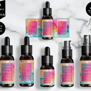 May include: Four bottles of serum and body mist with abstract watercolour labels. The labels feature pink, orange, and blue colours. The bottles are labelled "Glimmer Glow" with different product names: "Oil Serum", "Face Serum", and "Body Mist".